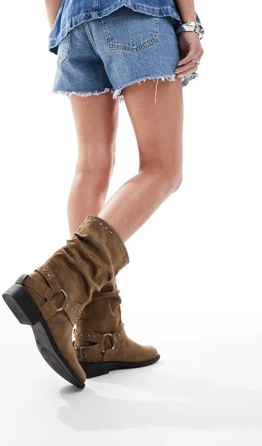 ASOS DESIGN Alara slouchy flat biker boots with hardware in taupe - Image 2