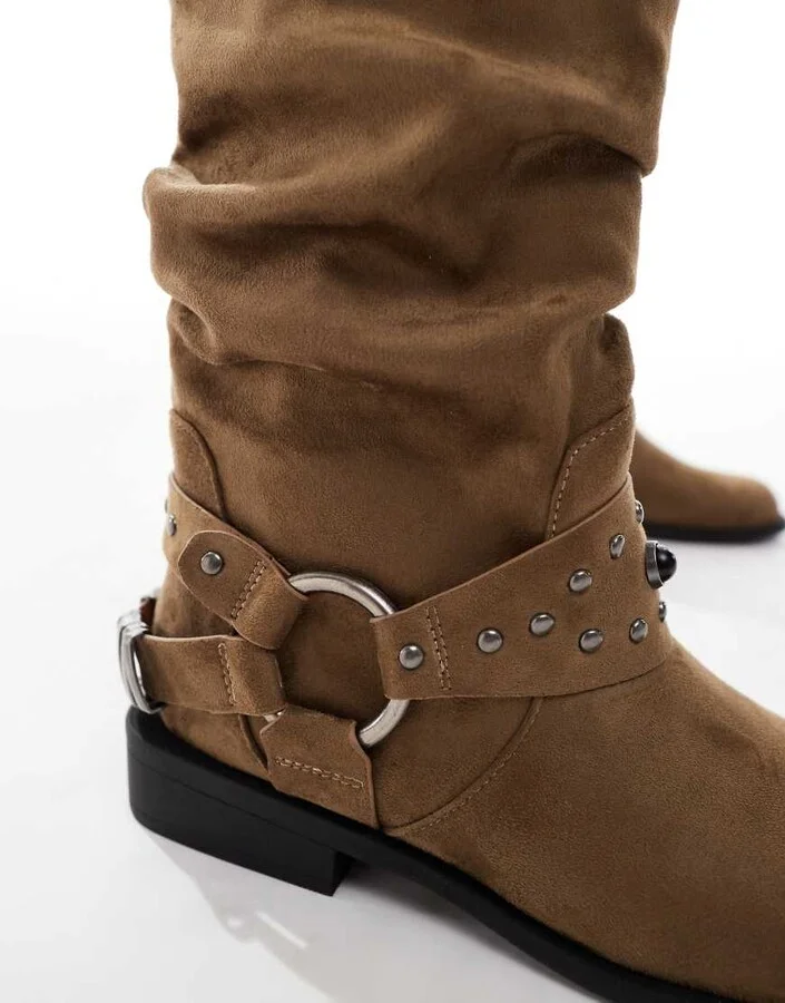 ASOS DESIGN Alara slouchy flat biker boots with hardware in taupe - Image 3
