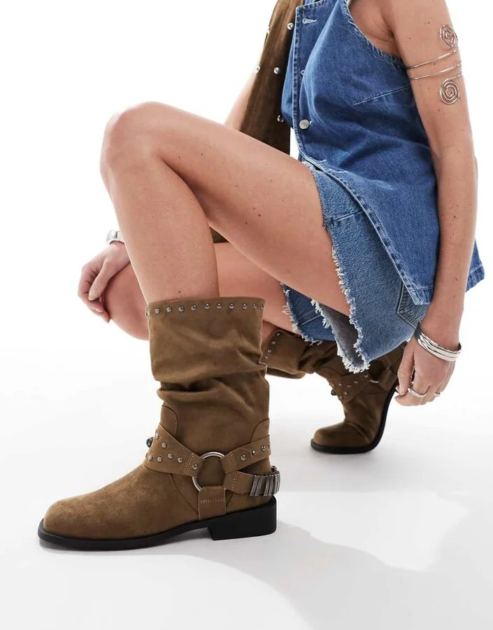 ASOS DESIGN Alara slouchy flat biker boots with hardware in taupe