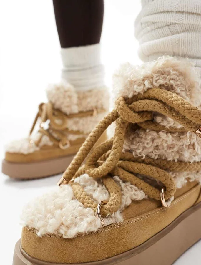 ASOS DESIGN Alpine shearling lace up snow boots in beige - Image 2
