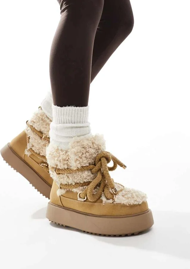 ASOS DESIGN Alpine shearling lace up snow boots in beige - Image 4