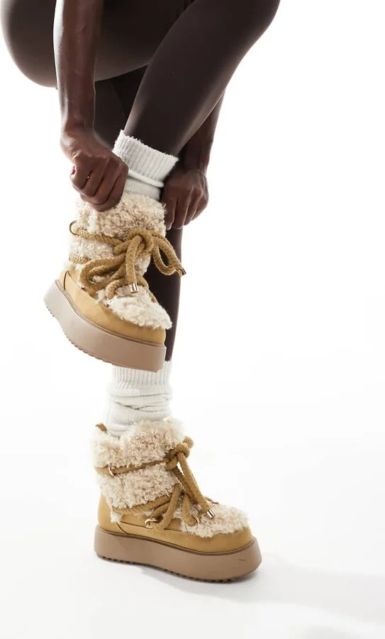 ASOS DESIGN Alpine shearling lace up snow boots in beige