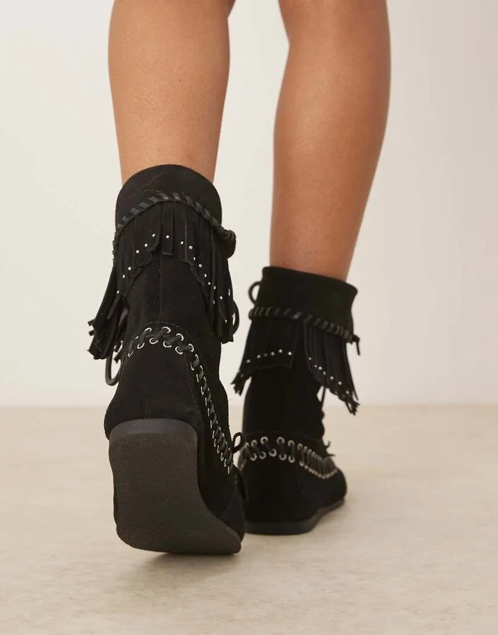 ASOS DESIGN Anais fringe ankle boots in black suede - Image 3