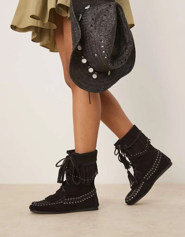 ASOS DESIGN Anais fringe ankle boots in black suede - Image 4