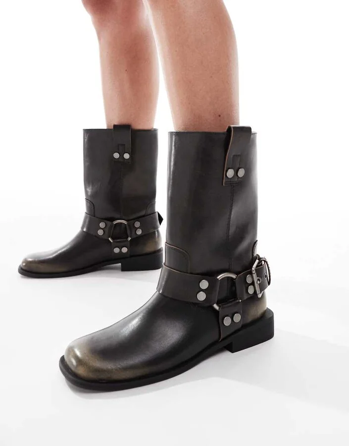 ASOS DESIGN Arley burnished flat biker boots in brown - Image 3