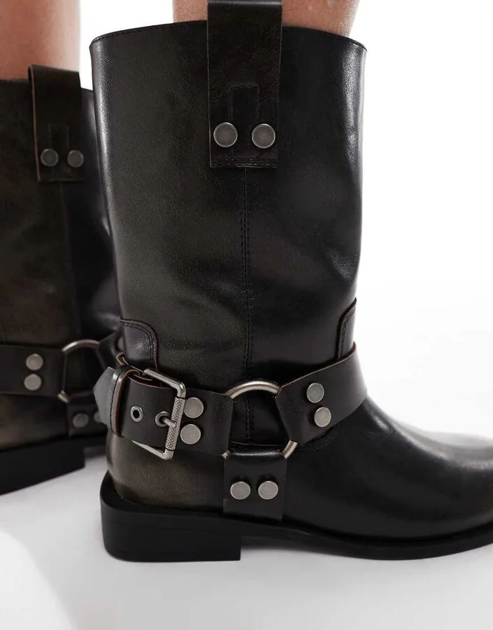 ASOS DESIGN Arley burnished flat biker boots in brown - Image 4