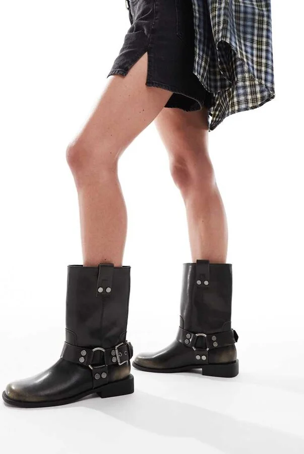 ASOS DESIGN Arley burnished flat biker boots in brown