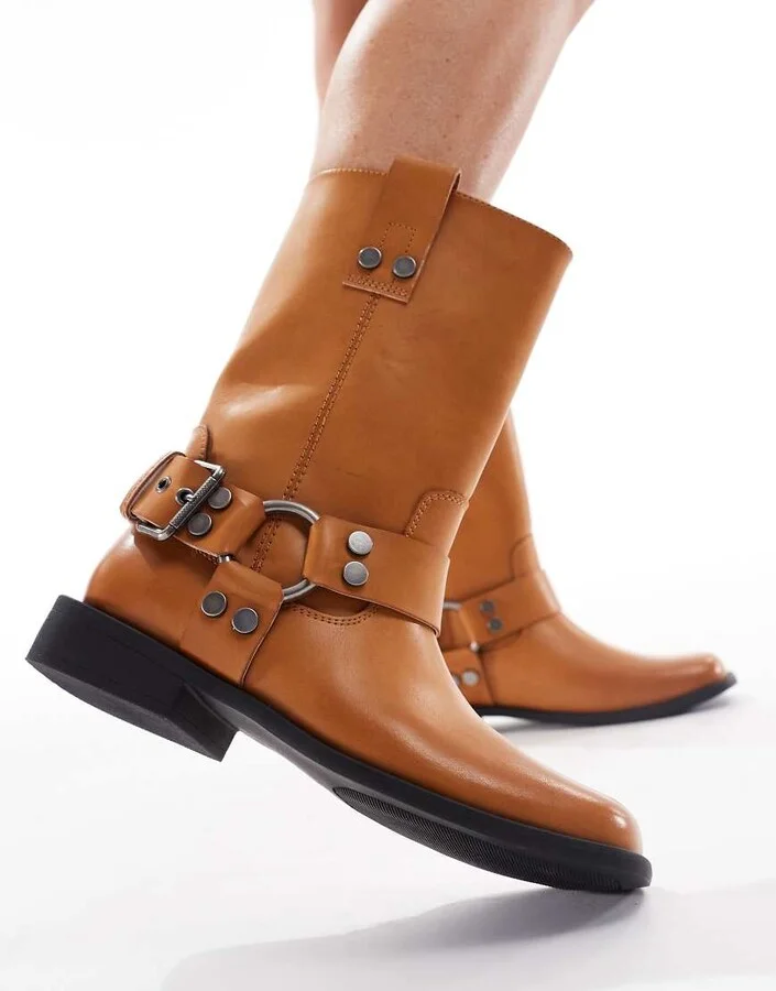 ASOS DESIGN Arley burnished flat moto boots in camel