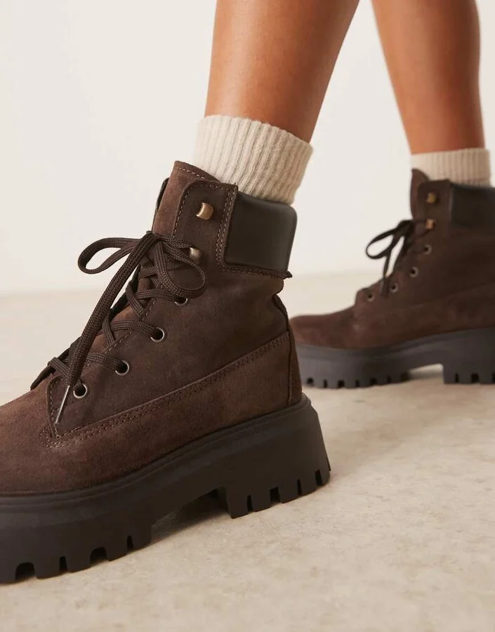 ASOS DESIGN Athens suede chunky lace up boots in chocolate - Image 2