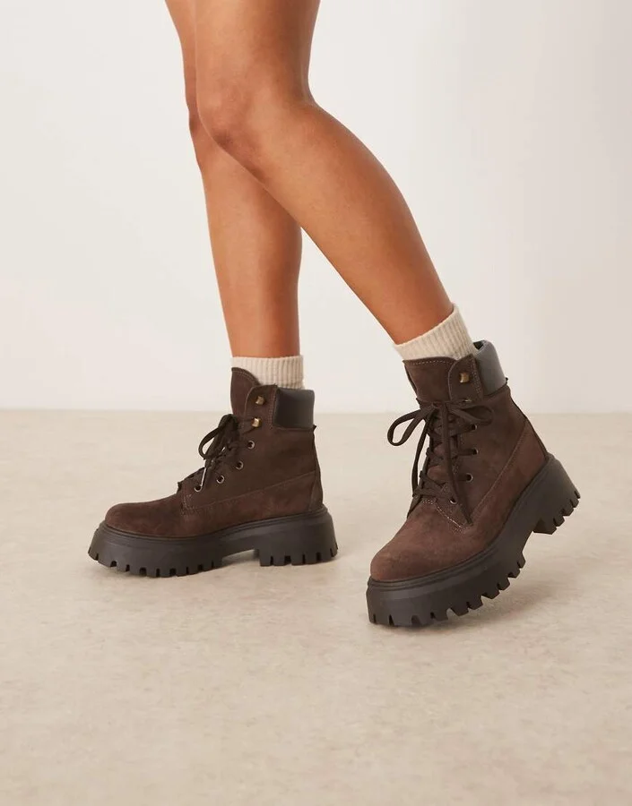ASOS DESIGN Athens suede chunky lace up boots in chocolate - Image 3