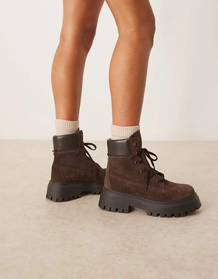 ASOS DESIGN Athens suede chunky lace up boots in chocolate