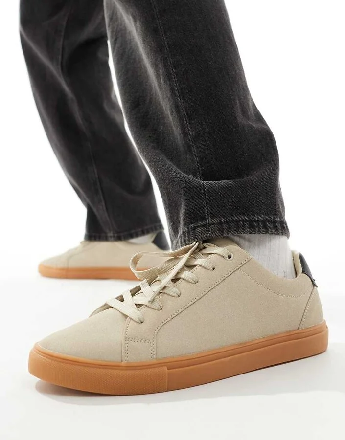 ASOS DESIGN beige suedette sneakers with gum sole - Image 2