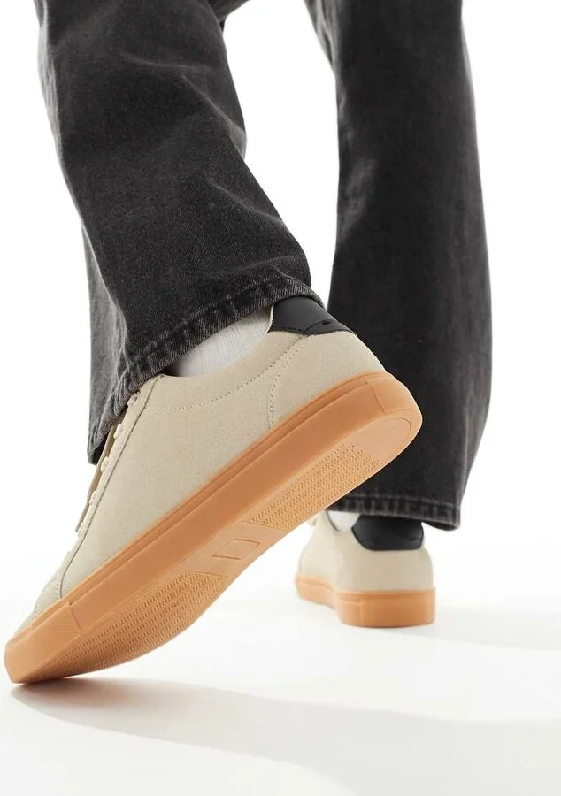 ASOS DESIGN beige suedette sneakers with gum sole - Image 3