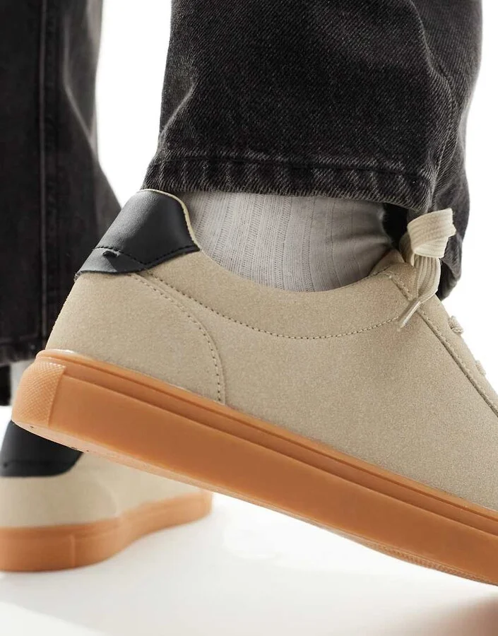 ASOS DESIGN beige suedette sneakers with gum sole - Image 4