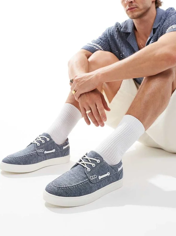 ASOS DESIGN boat shoes in blue chambray with white sole - Image 3