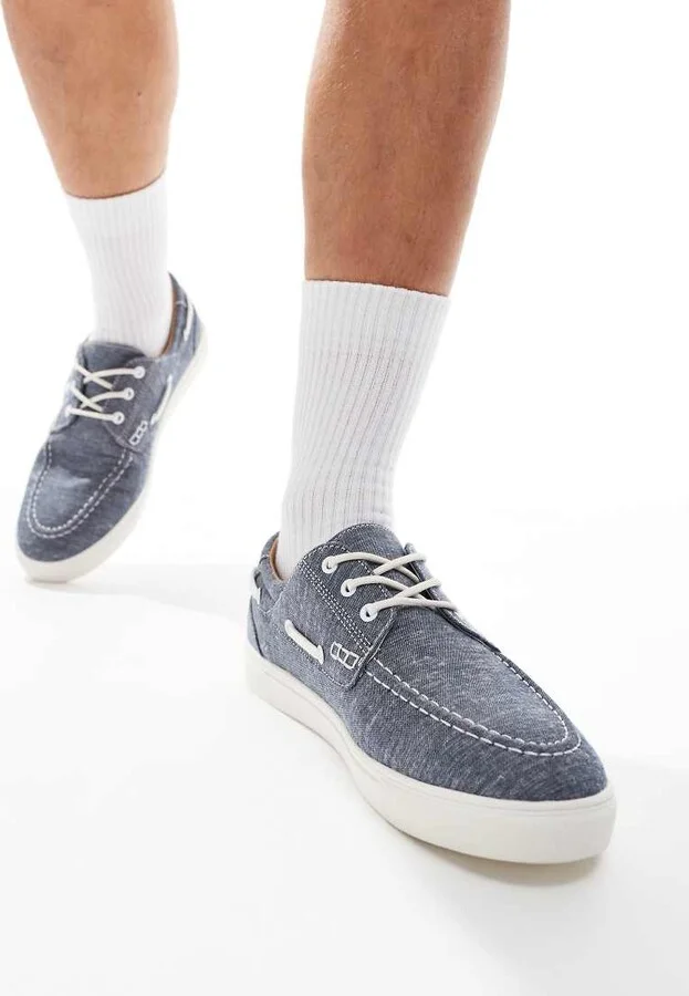 ASOS DESIGN boat shoes in blue chambray with white sole - Image 4