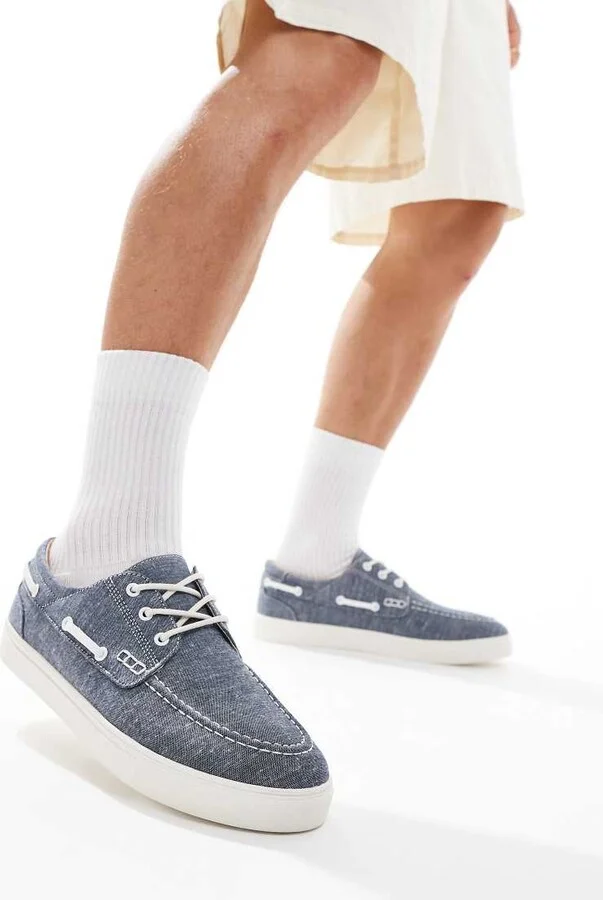 ASOS DESIGN boat shoes in blue chambray with white sole