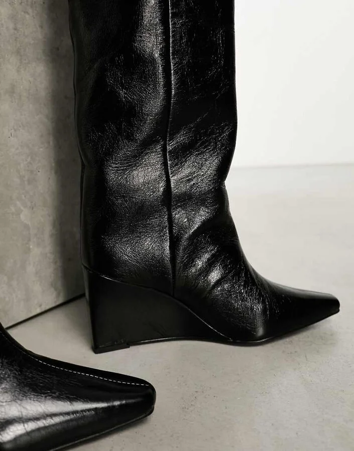 ASOS DESIGN Cali premium leather wedge knee boots in black - Image 3