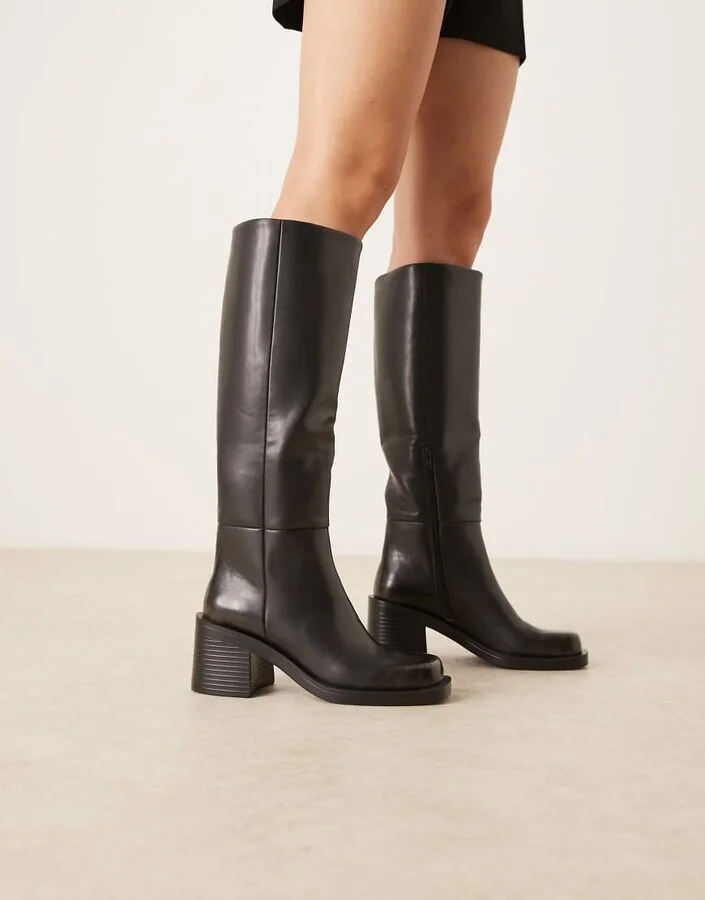 ASOS DESIGN Campbell chunky heeled knee boots in black burnished - Image 4
