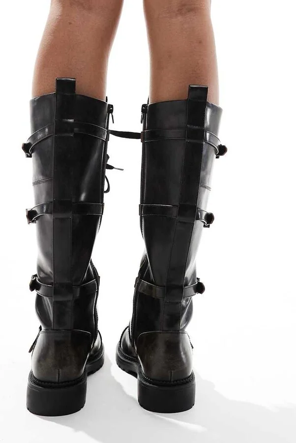 ASOS DESIGN Canada flat chunky buckle knee boots in black - Image 2