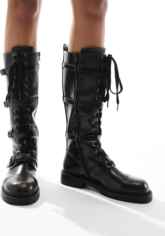 ASOS DESIGN Canada flat chunky buckle knee boots in black - Image 3