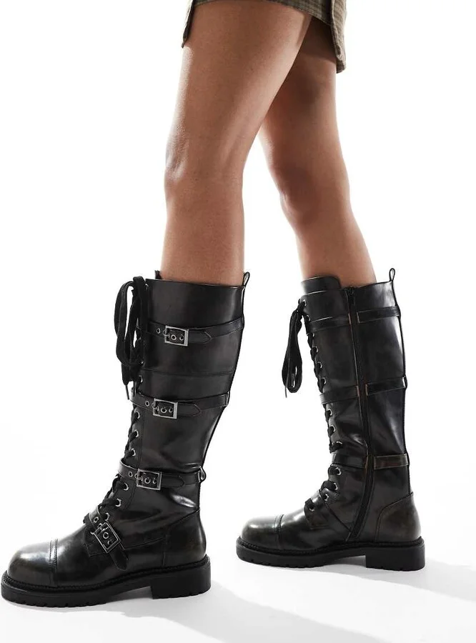 ASOS DESIGN Canada flat chunky buckle knee boots in black