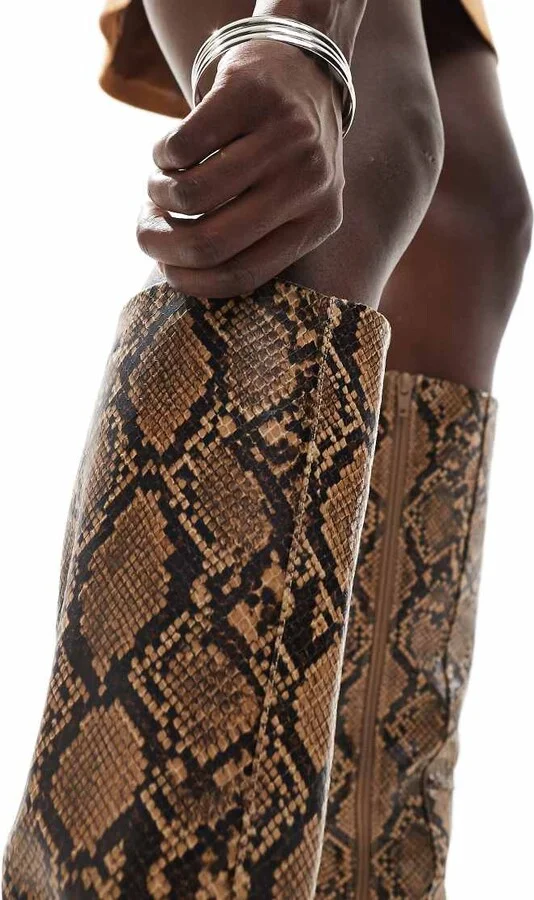 ASOS DESIGN Canberra heeled 90s knee boots in brown snake - Image 2
