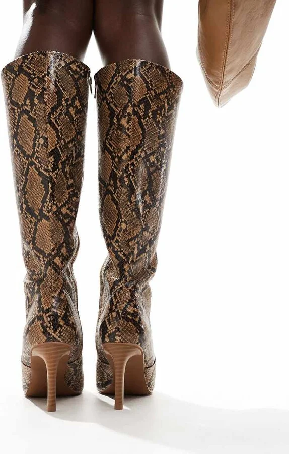 ASOS DESIGN Canberra heeled 90s knee boots in brown snake - Image 4