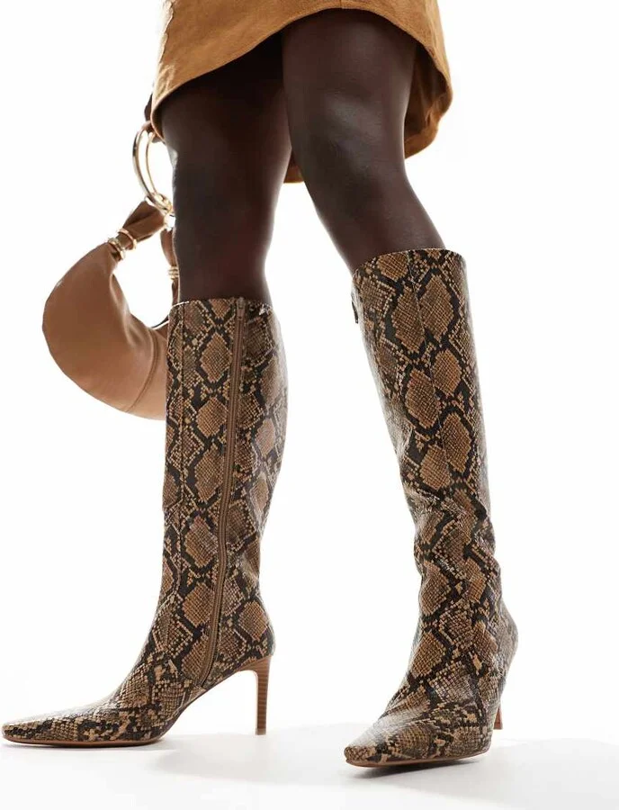 ASOS DESIGN Canberra heeled 90s knee boots in brown snake
