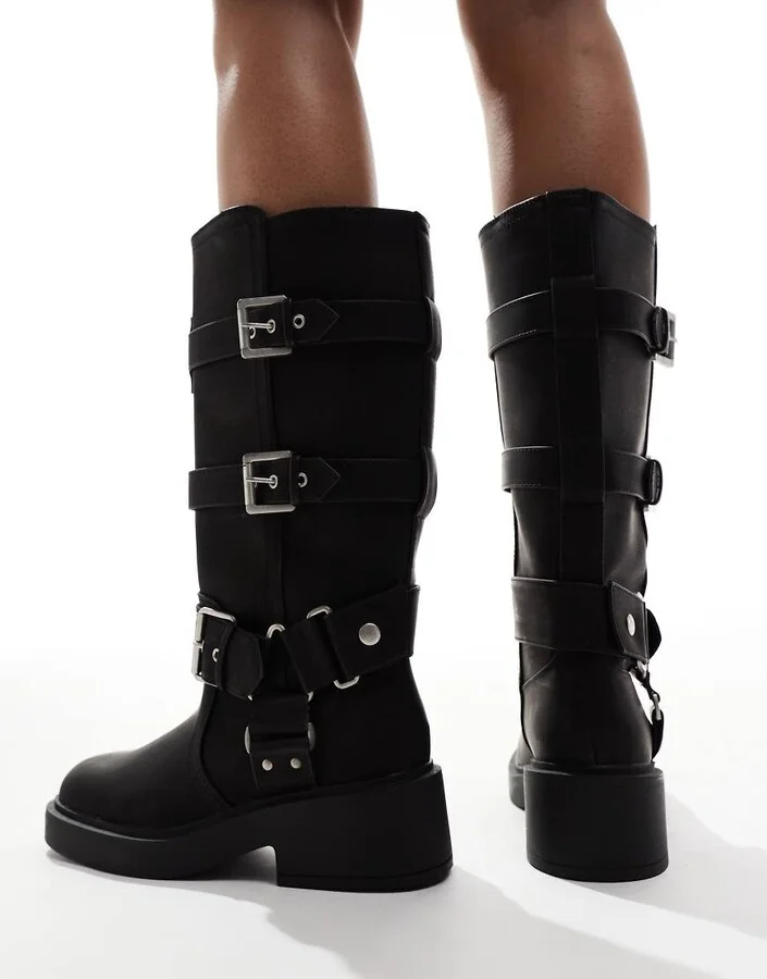 ASOS DESIGN Captain multi-buckle biker knee boots in black - Image 2