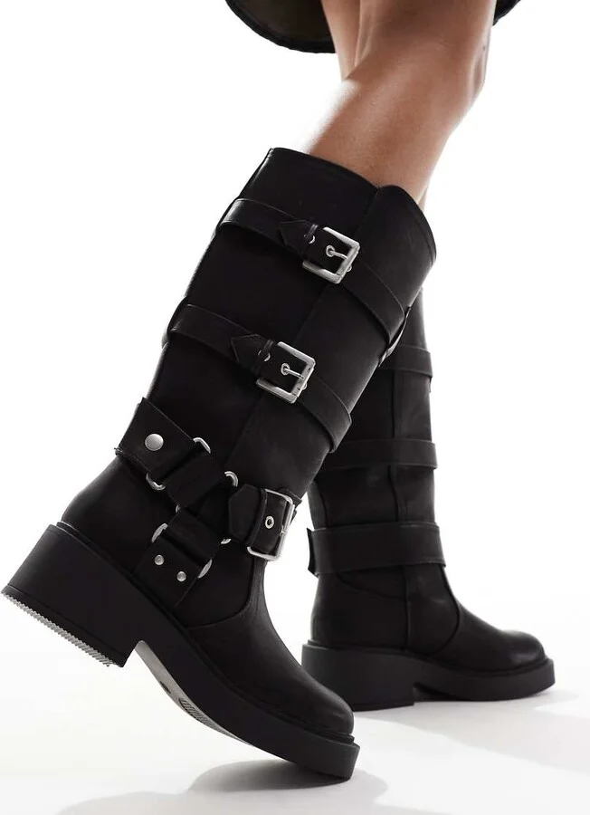 ASOS DESIGN Captain multi-buckle biker knee boots in black