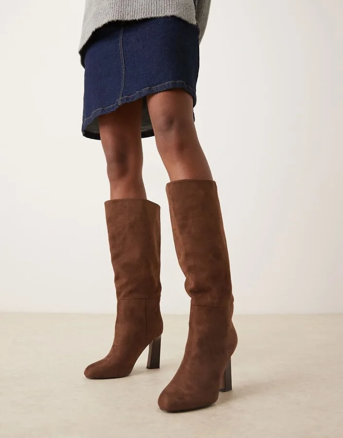 ASOS DESIGN Carly block heel pull-on knee boots in chocolate brown suedette - Image 4