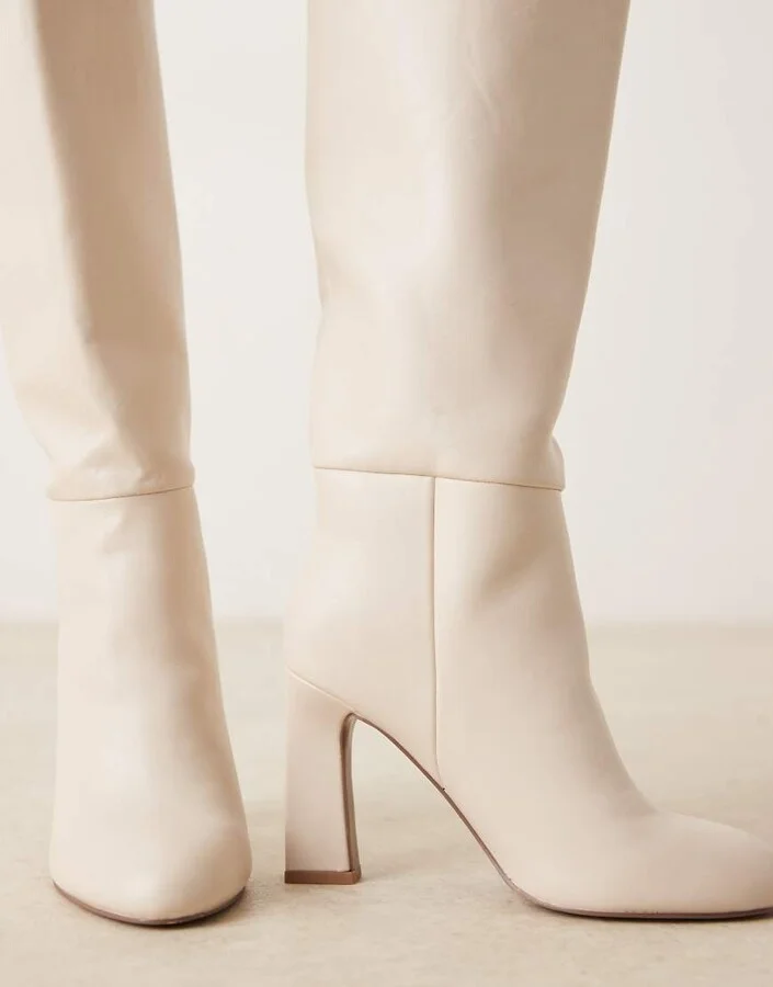 ASOS DESIGN Carly block heel pull-on knee boots in off-white - Image 2