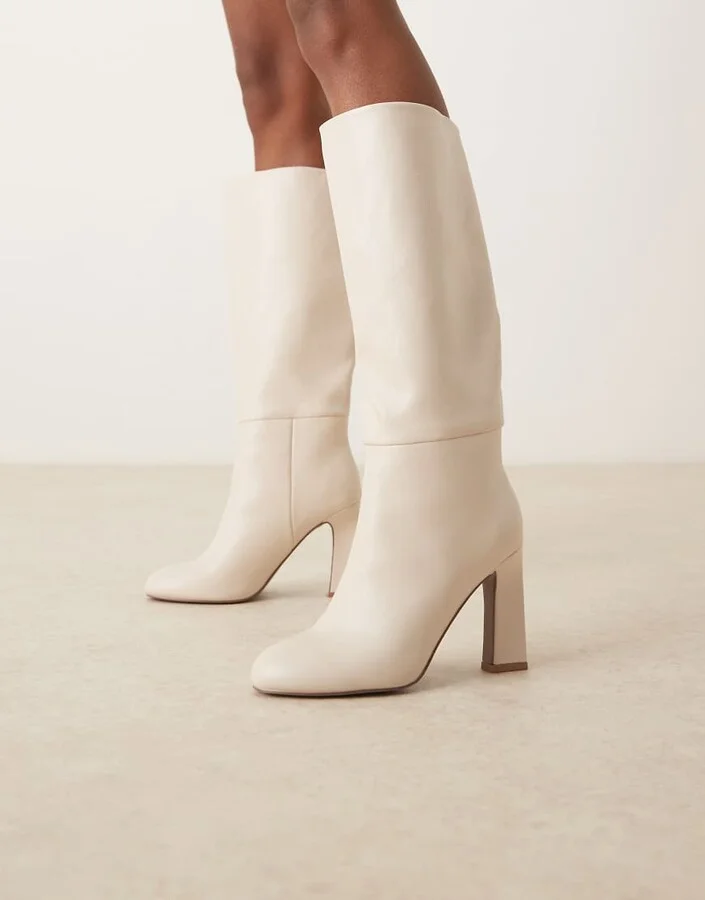 ASOS DESIGN Carly block heel pull-on knee boots in off-white - Image 4