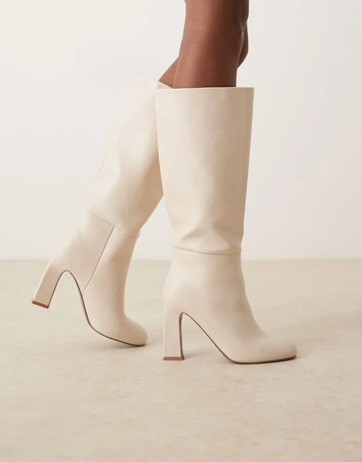 ASOS DESIGN Carly block heel pull-on knee boots in off-white
