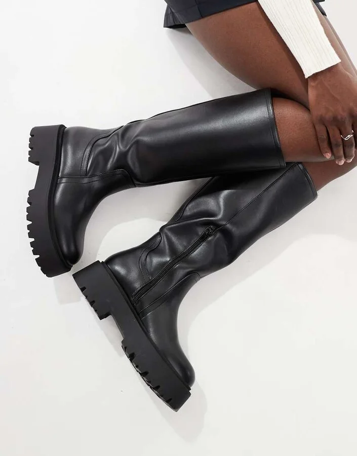 ASOS DESIGN Carmen chunky flat knee boots in black - Image 4