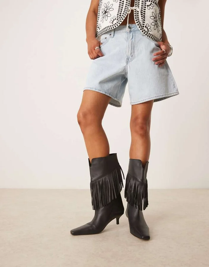 ASOS DESIGN Carmine leather fringe knee boots in black - Image 2