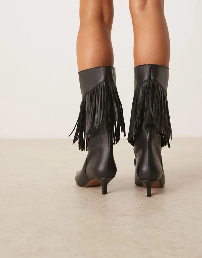ASOS DESIGN Carmine leather fringe knee boots in black - Image 3