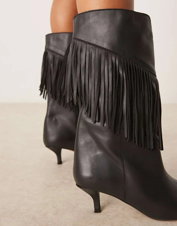 ASOS DESIGN Carmine leather fringe knee boots in black - Image 4