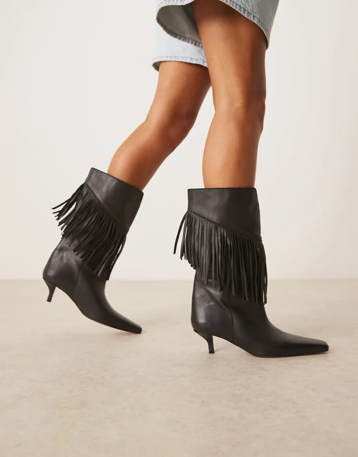 ASOS DESIGN Carmine leather fringe knee boots in black