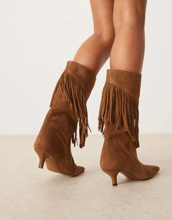 ASOS DESIGN Carmine premium suede fringe knee boots in sand - Image 2
