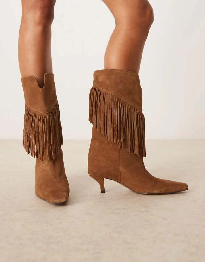 ASOS DESIGN Carmine premium suede fringe knee boots in sand - Image 3