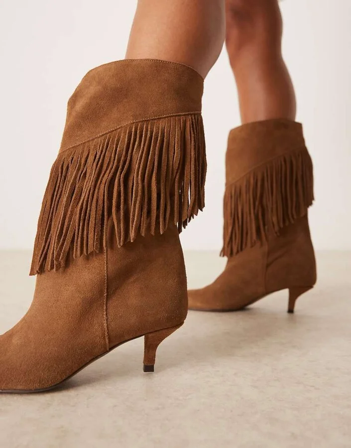 ASOS DESIGN Carmine premium suede fringe knee boots in sand - Image 4