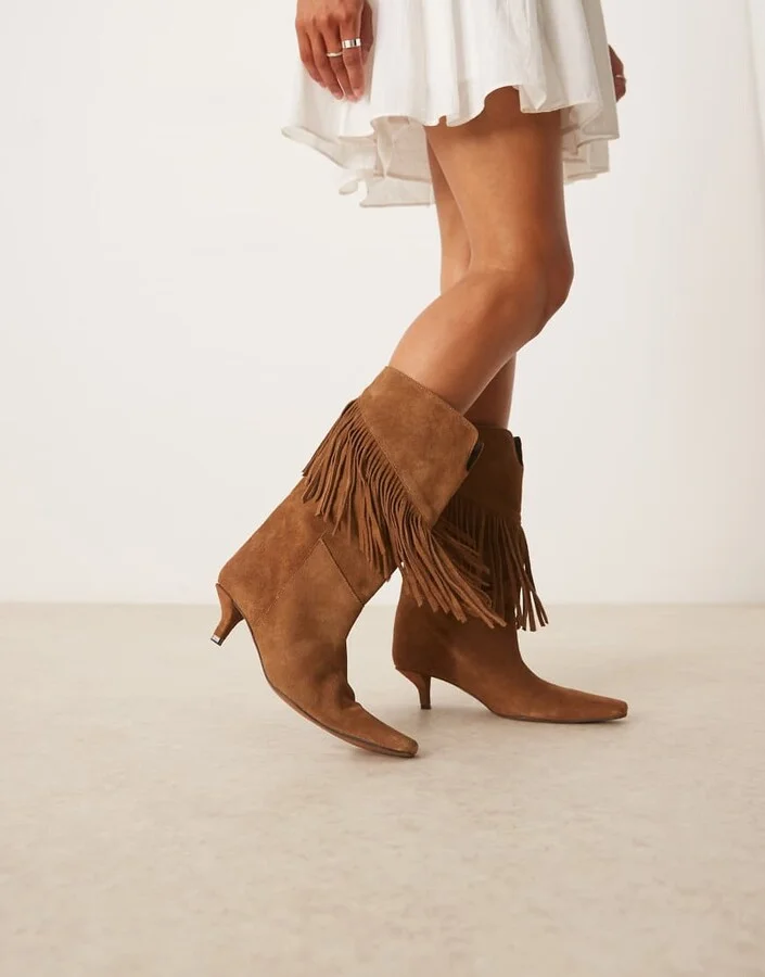 ASOS DESIGN Carmine premium suede fringe knee boots in sand