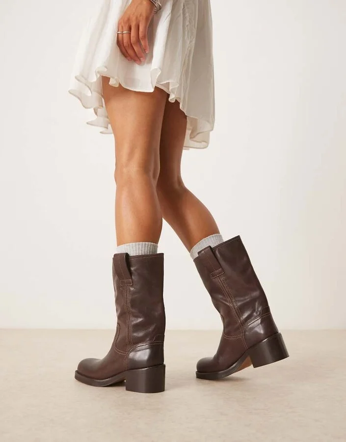 ASOS DESIGN Caspia premium leather trucker pull on boots in chocolate - Image 2