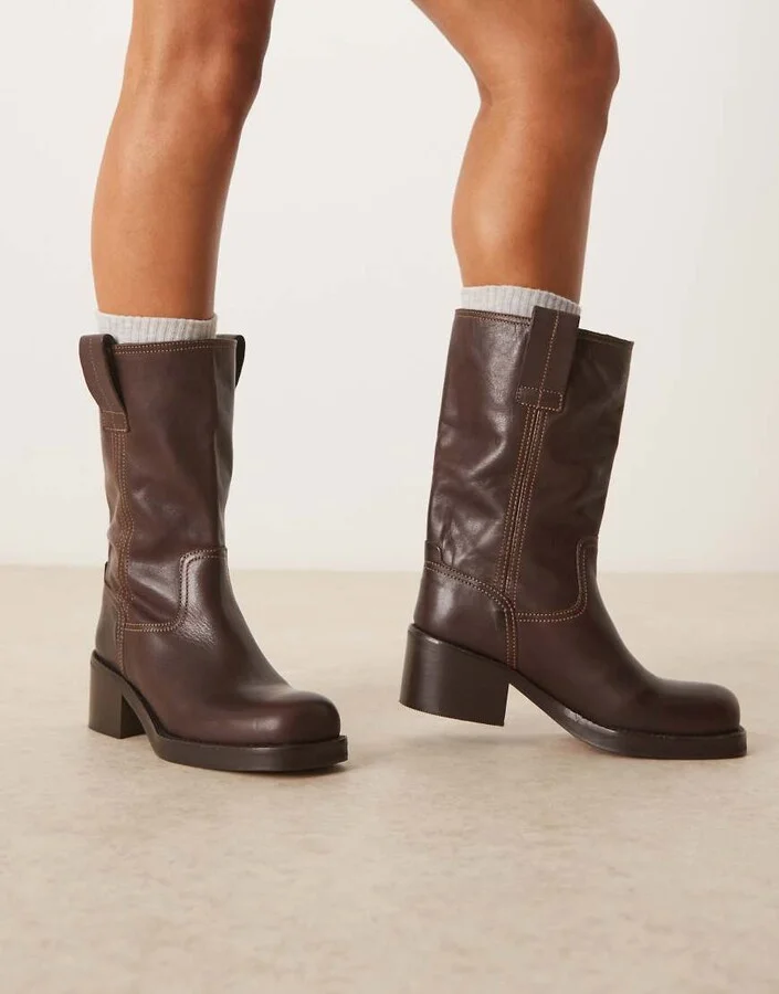 ASOS DESIGN Caspia premium leather trucker pull on boots in chocolate