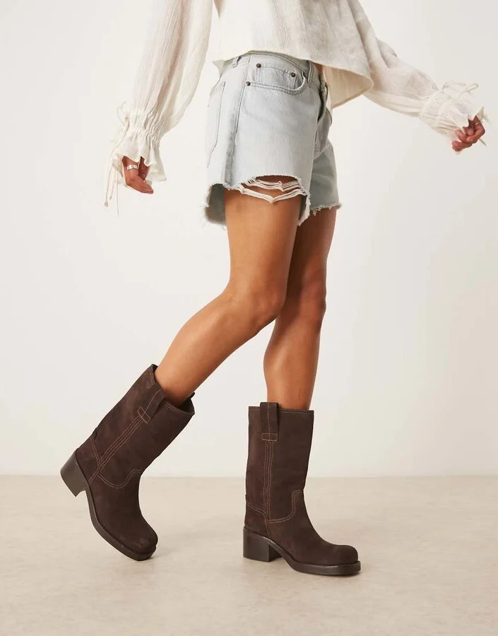 ASOS DESIGN Caspia premium suede trucker pull on boots in chocolate - Image 2