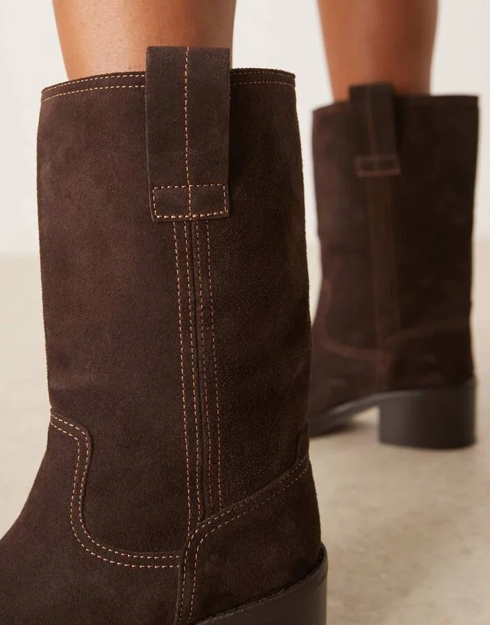 ASOS DESIGN Caspia premium suede trucker pull on boots in chocolate - Image 4
