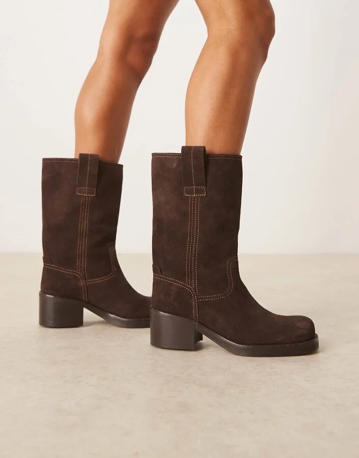 ASOS DESIGN Caspia premium suede trucker pull on boots in chocolate