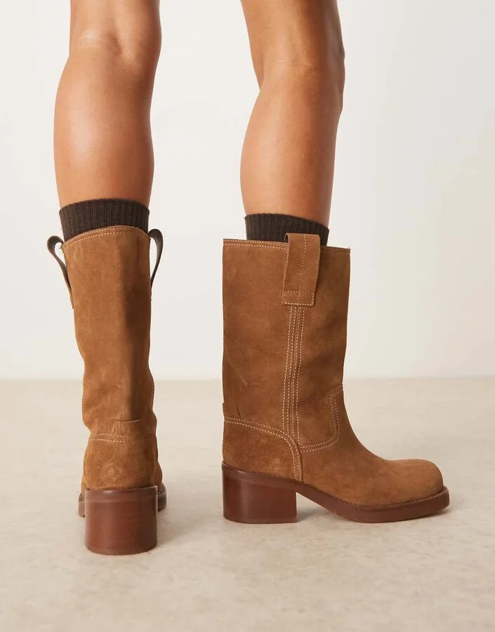 ASOS DESIGN Caspia premium suede trucker pull on boots in tan - Image 4